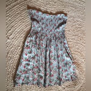 Strapless Smocked Floral Sundress - Light Blue with Pink Flowers